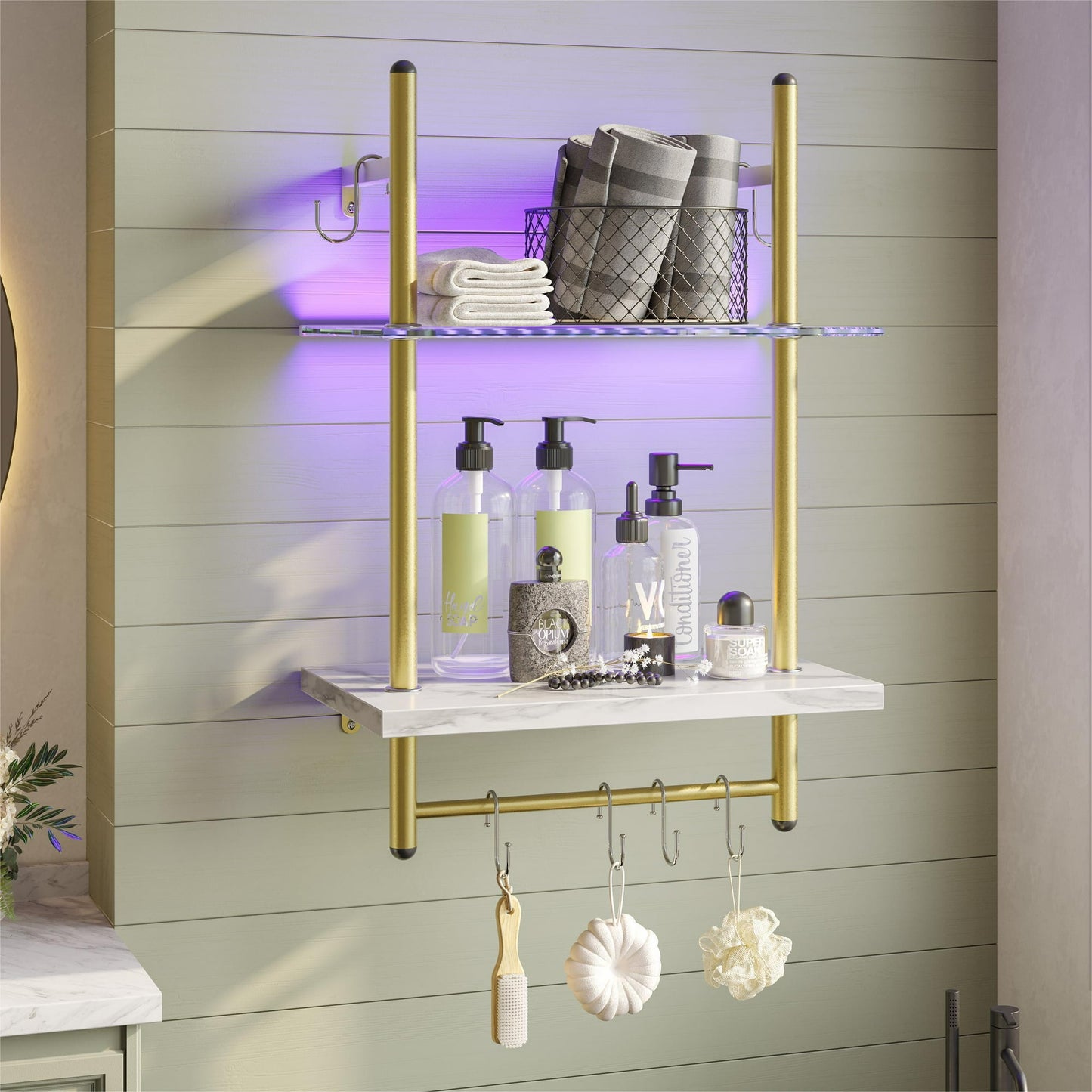 Bestier 2-Tier Floating Shelves for Wall with LED Light 15" x 23" Wall-Mounted Wood Shelves with 6 S-Hooks, White Marble