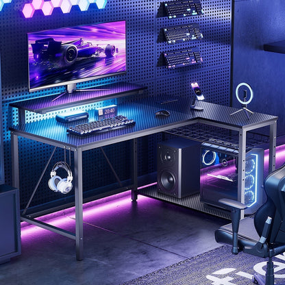 Bestier 42" Reversible L-Shaped Gaming Desk: Equipped with Power Outlets, LED Lights, Adjustable Shelves & Hooks for Small Spaces ,Bedrooms & Offices, Carbon Fiber Black