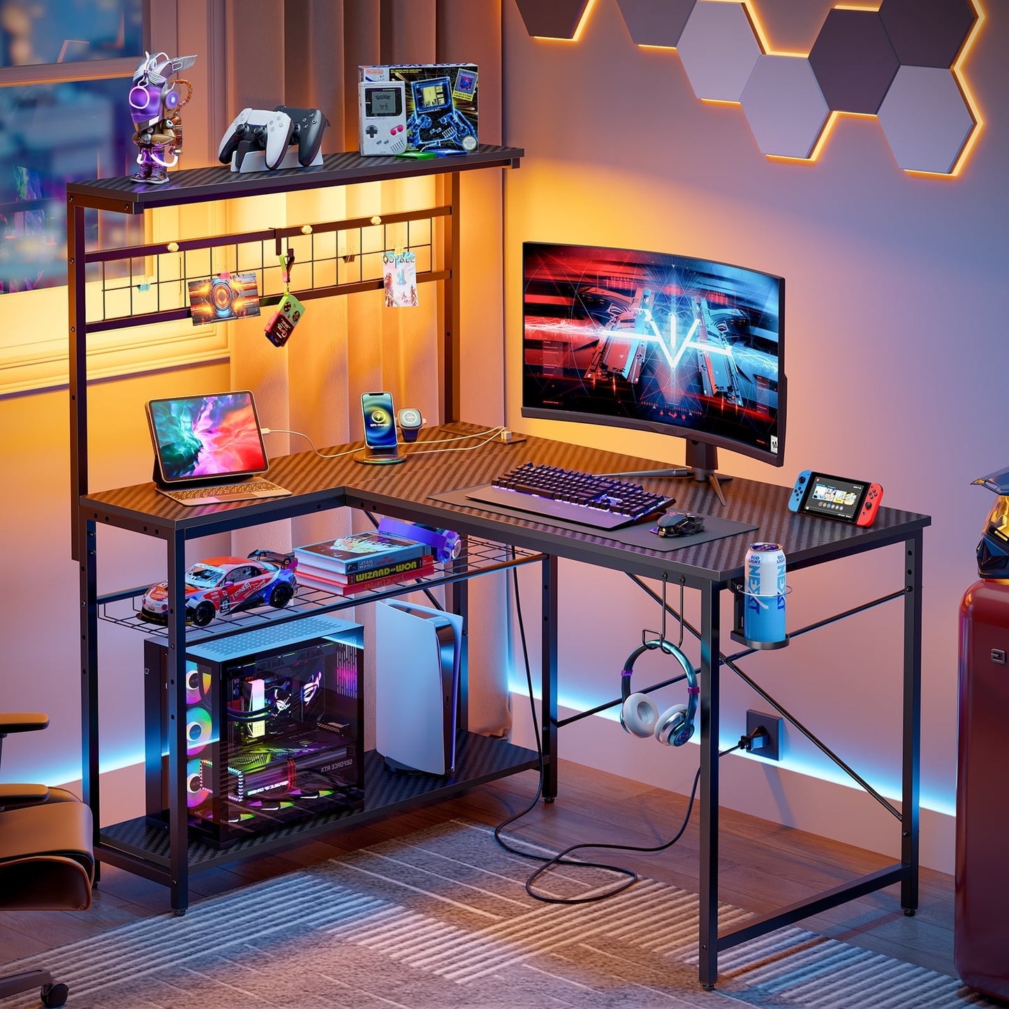 Bestier 42 inch Desk,Gaming Computer Desk with LED Lights & Power Outlet, Reversible Office desk,L Shaped Desk with Hutch & Storage Shelves, Carbon Fiber