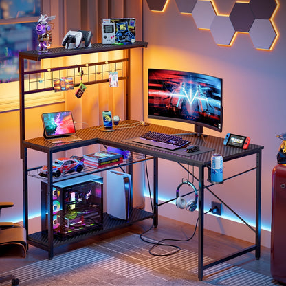 Bestier 42 inch Desk,Gaming Computer Desk with LED Lights & Power Outlet, Reversible Office desk,L Shaped Desk with Hutch & Storage Shelves, Carbon Fiber