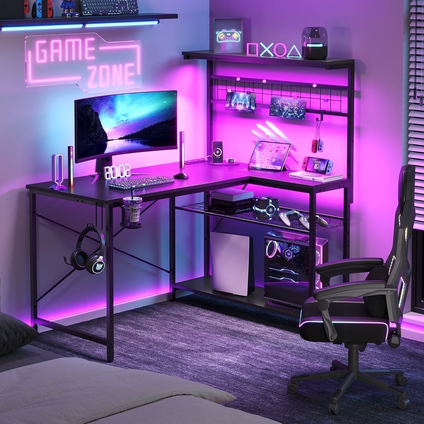 Bestier 51 L Shaped Gaming Desk with Power Outlets & LED Light, Computer Desk with 4 Tiers Shelves for Home Office, Reversible Gamer Table with Hooks and Cup Holder, Carbon Fiber