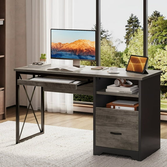 Bestier 47 inch Computer Desk with Storage File Drawer & Keyboard Tray, Home Office Writing Desk Work Study Table for Small Space, Wash Gray