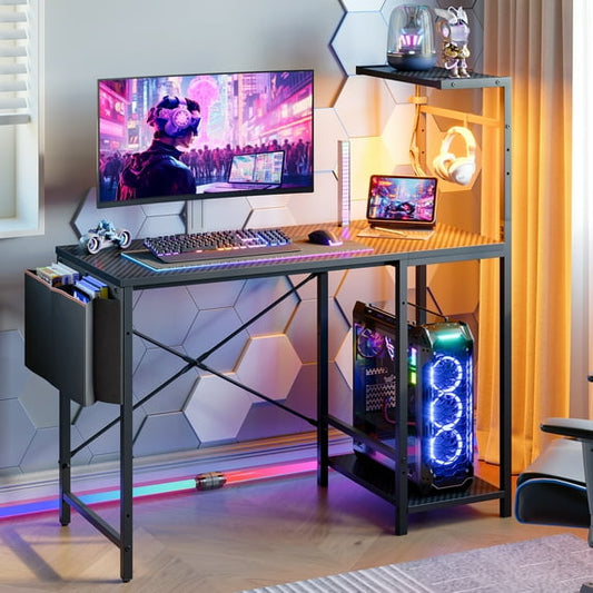 Bestier Gaming Desk with LED Lights, 44'' Computer Desk with Reversible Shelves, PC Gamer Desk with Side Storage Bag, Hooks and Height Adjustable Shelf for Home Office, Carbon Fiber Black