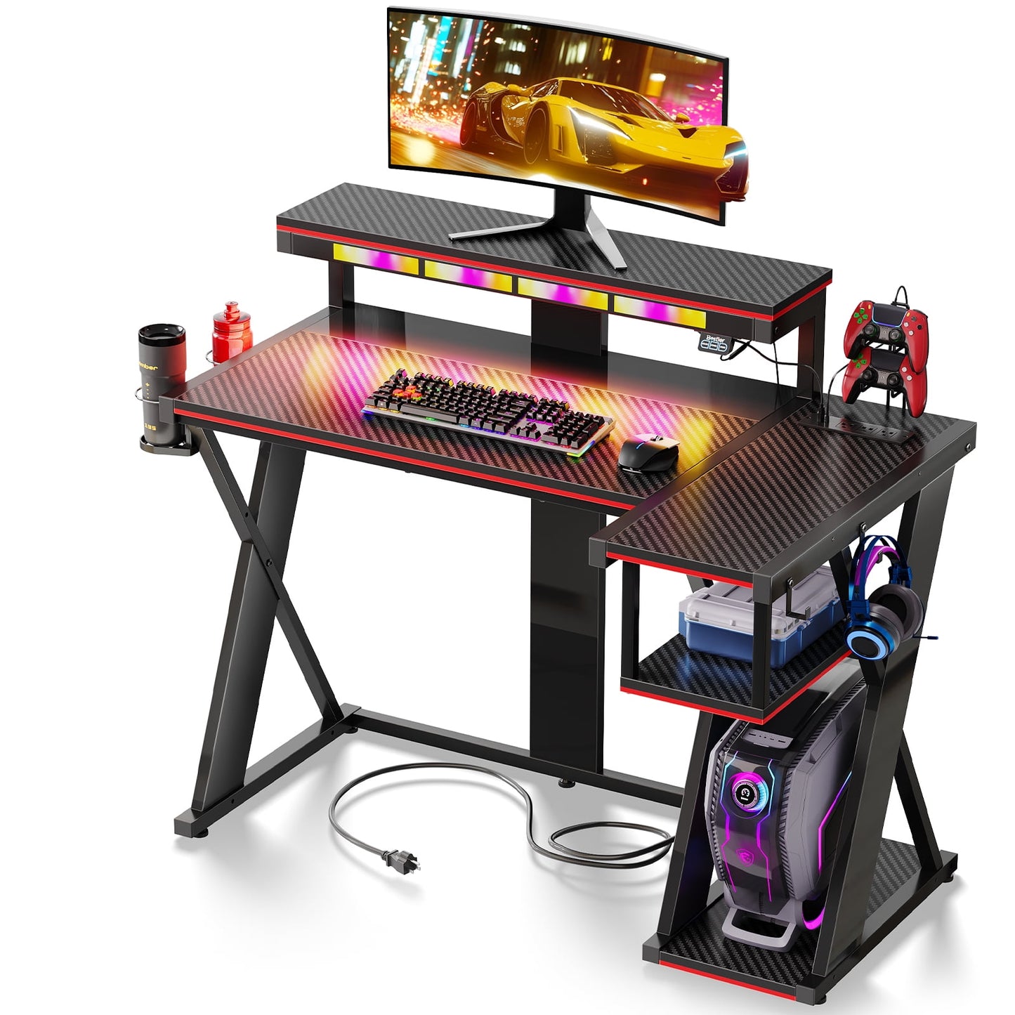 RSPGAME 41.6" L Shaped Gaming Desk with Flow LED Lights & Monitor Stand, Corner Computer Desk with Power Outlet & Controller Stand in Black