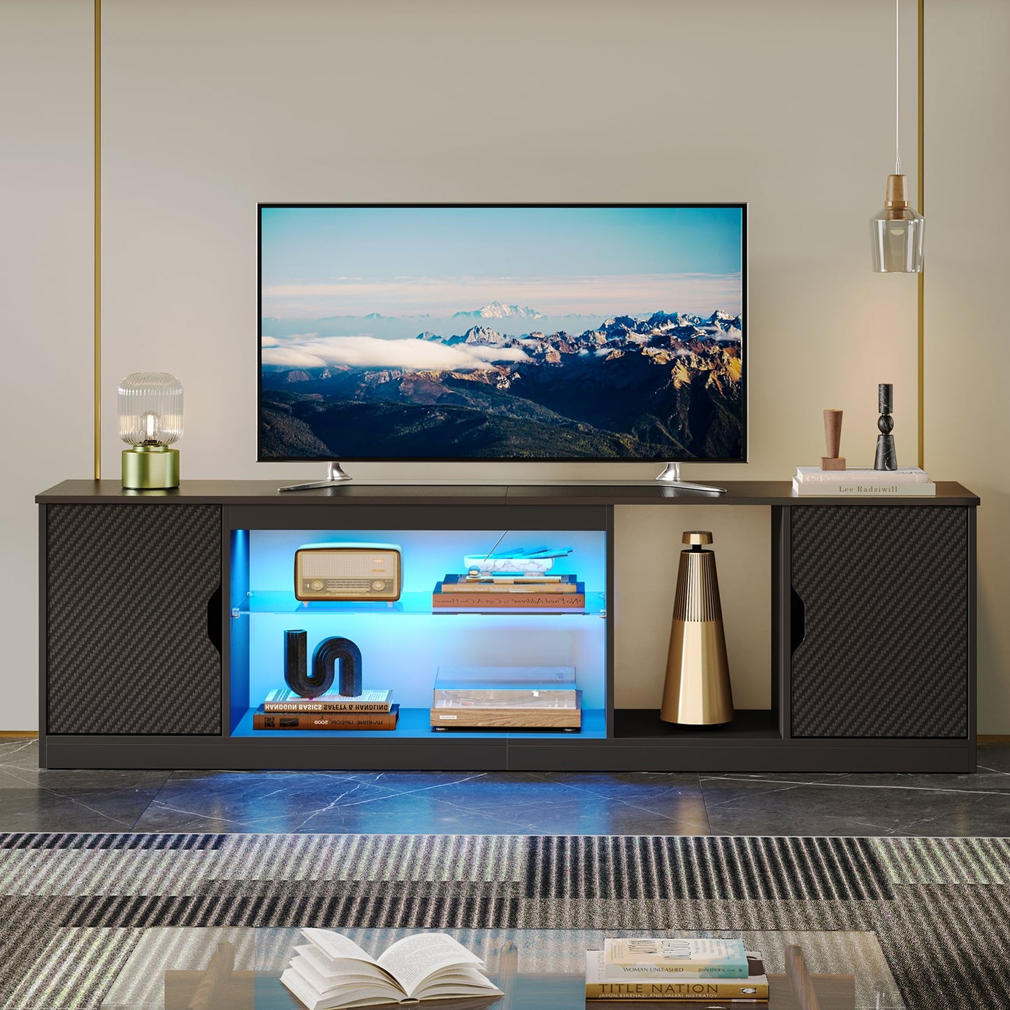 Bestier LED TV Stand for 75 in TVs, Gaming Entertainment Center with Storage for PS5, Adjustable Glass Shelf TV stand for Living Room, Black