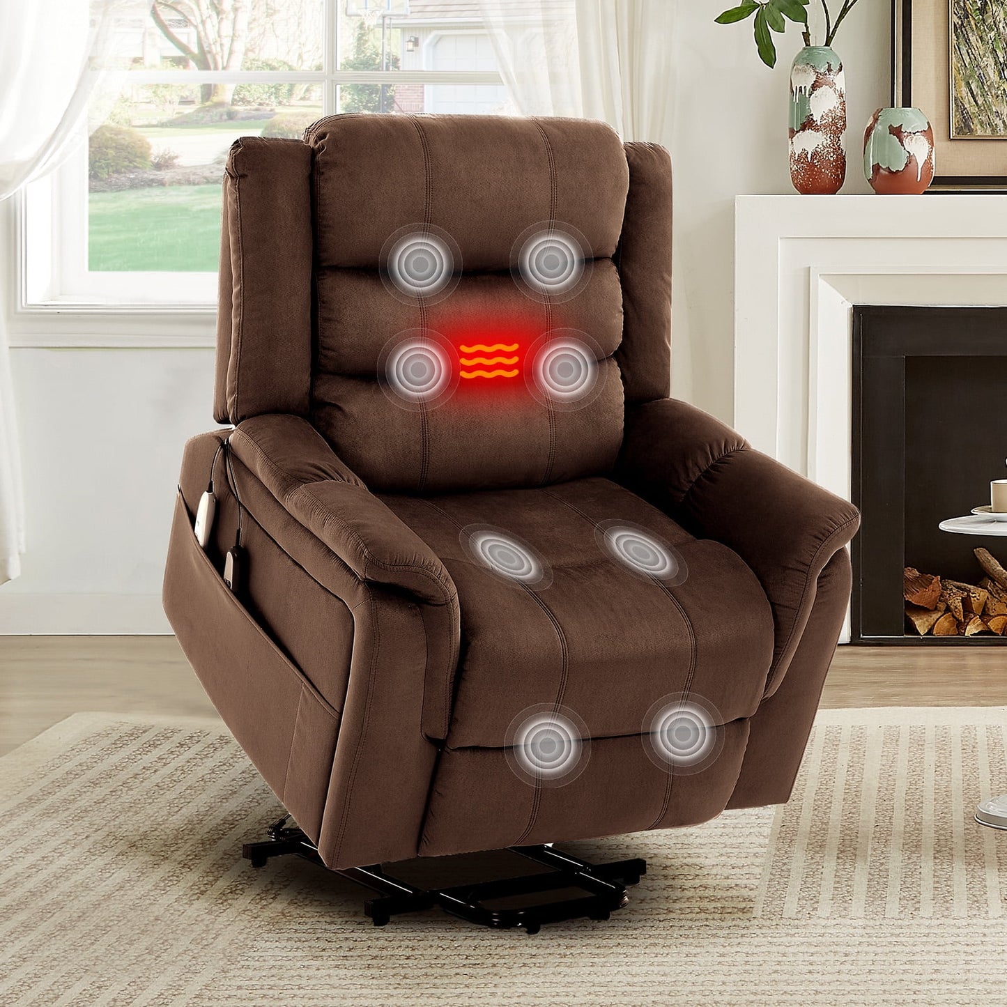 Bestier Oversize Massage Lift Recliner with Heat and Vibration, Power Lift Recliner Chair for Living Room, Side Pockets, Comfy Padded & Overstuffed Soft Fabric, 350lbs, Brown