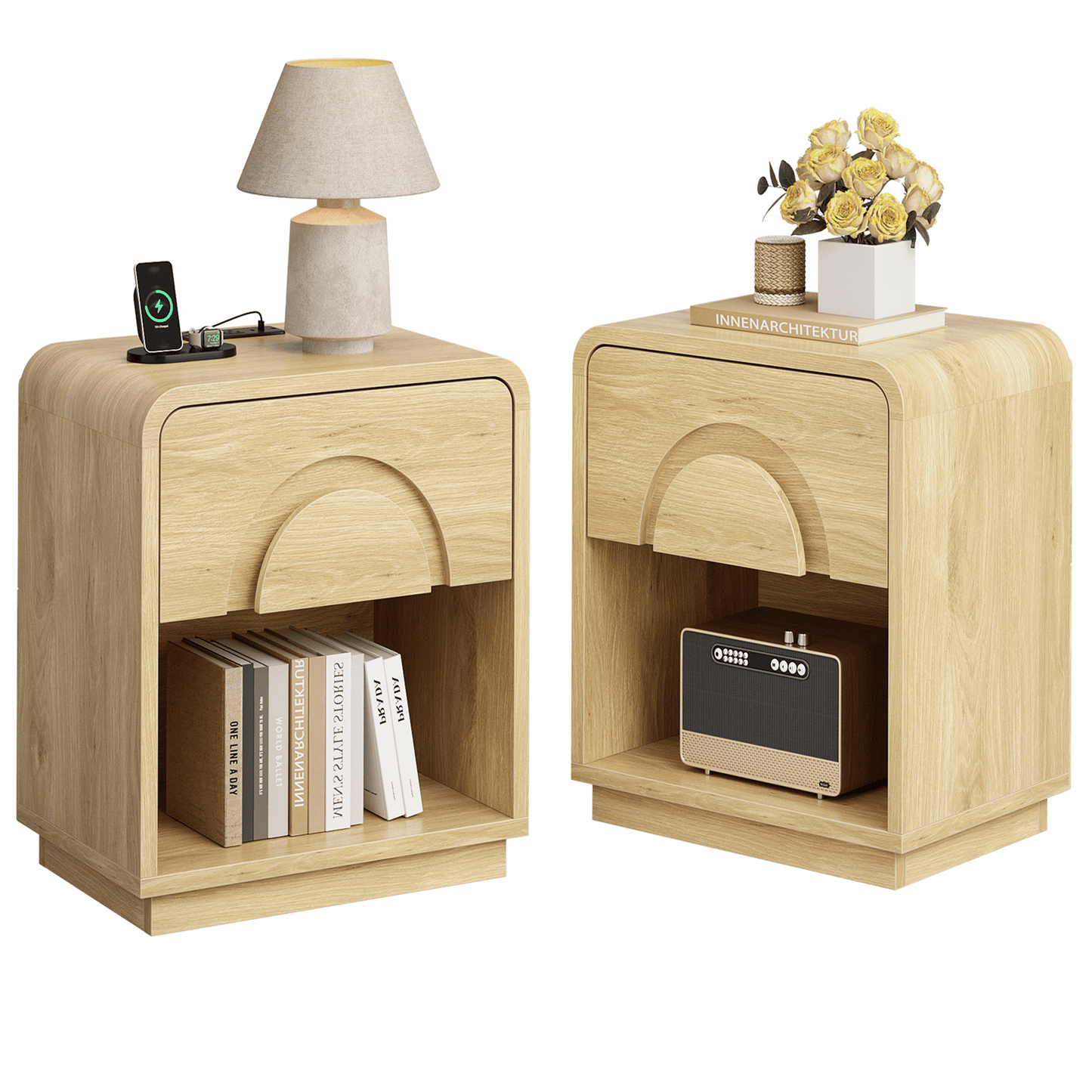 Bestier Nightstands Set of 2 with Charging Station, Modern Bedside Table End Table with Storage Drawer & Open Shelf for Bedroom Living Room Dorm Office, Natural