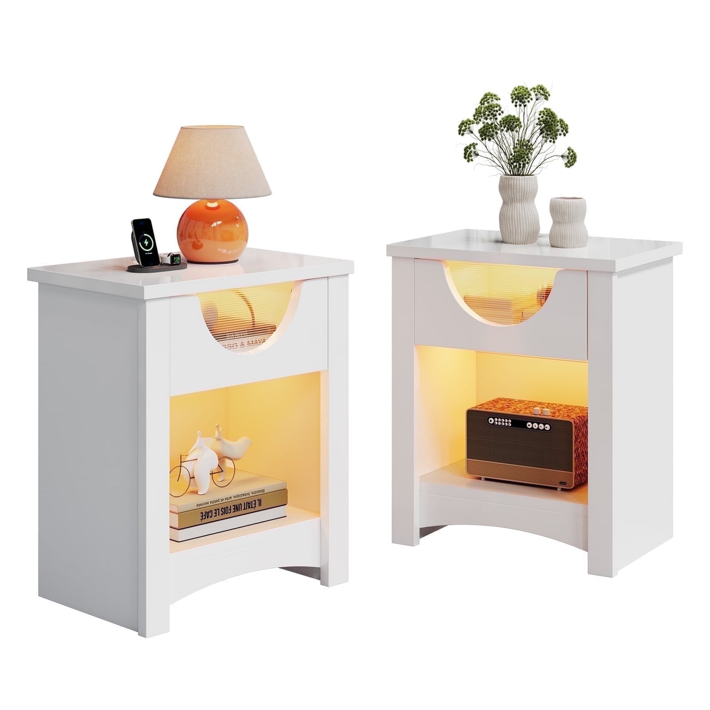 Bestier White Nightstands Set of 2 with Charging Station, Modern LED End Table Bedside Table with Drawer for Bedroom, Living Room, Home Office