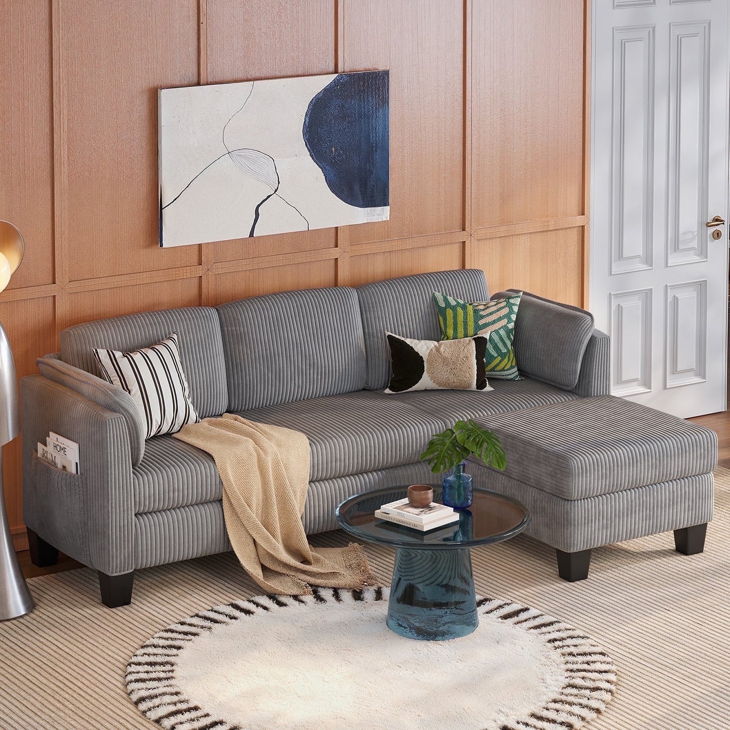 Bestier Corduroy Sectional Sofa Couches for Living Room, L-Shaped Modular Small Couch Convertible 3 Seater Sofa with Ottaman Storage,Gray