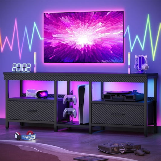 Bestier LED TV Stand Entertainment Center for TVs up for 55 60 65 inch TV Console Table with 2 Storage Drawers,Carbon Fiber Black