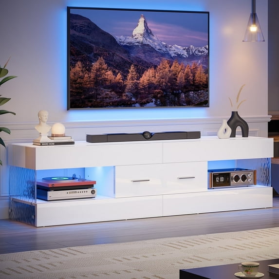 Bestier White TV Stand for TVs up to 65", Modern Entertainment Center for TVs with LED Light, High Gloss TV Console Table with Storage Drawers
