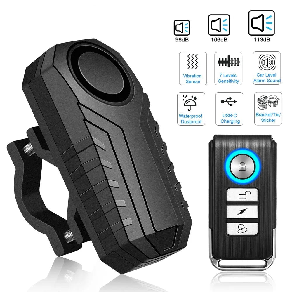 Black motorcycle alarm system with remote control and features displayed on a white background