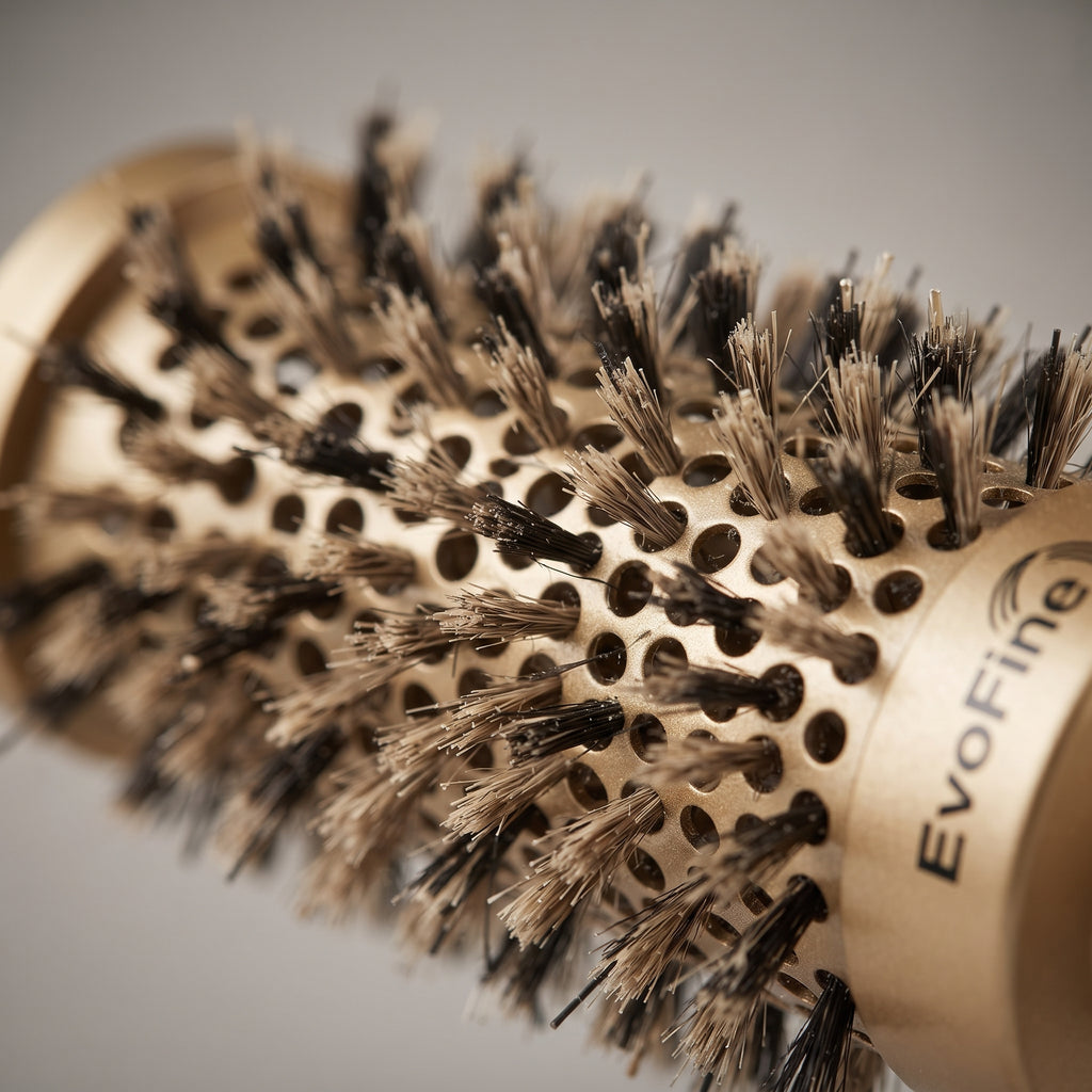 EvoFine Boar Bristle Round Brush with Ceramic Ionic Barrel – Blow Drying & Styling Hair Brush for Volume, Smoothness & Shine, All Hair Types, Gold