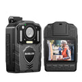 Body camera with screen displaying a person in an orange vest