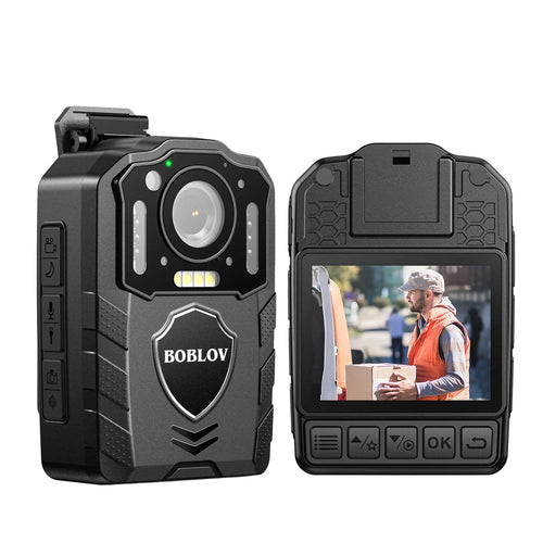 Body camera with screen displaying a person in an orange vest