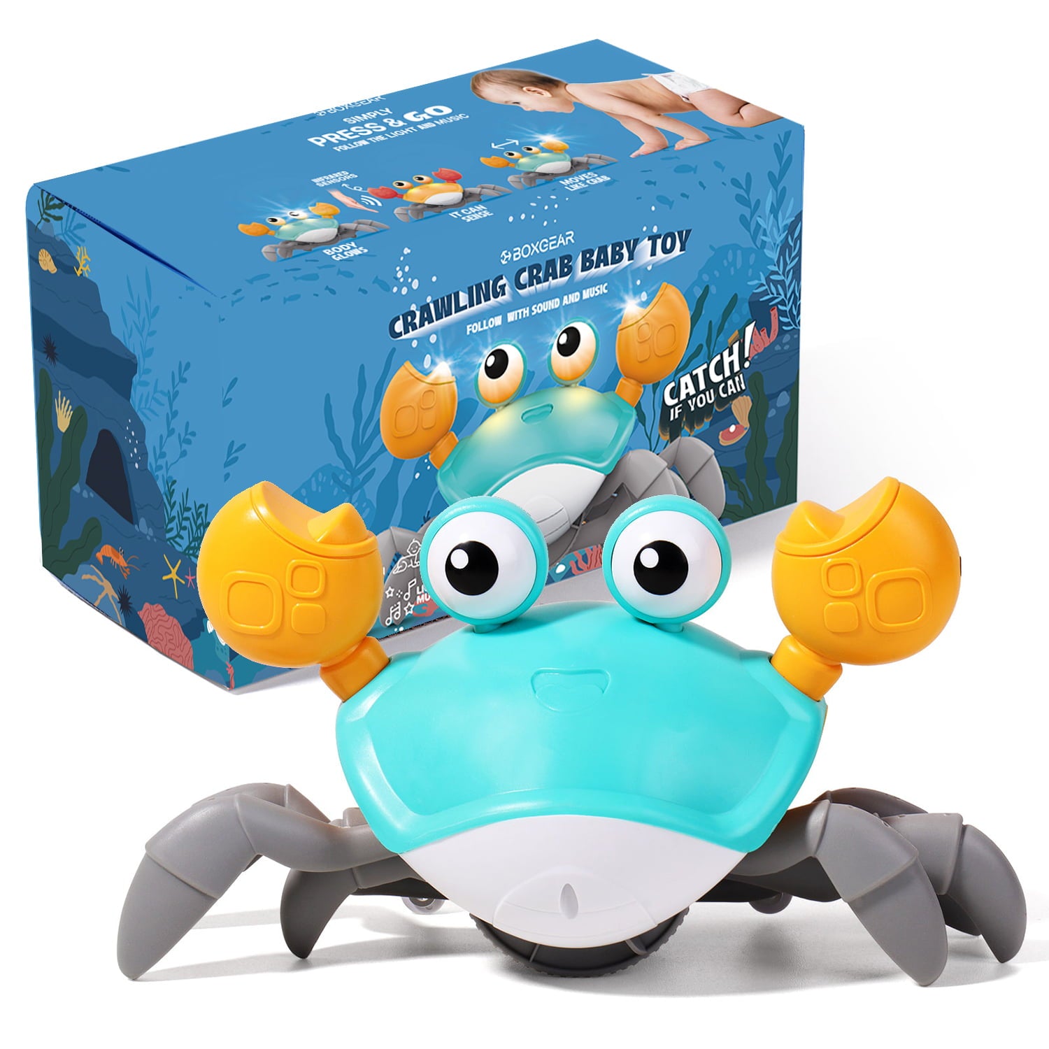 Boxgear Crawling Crab Baby Toy – Tummy Time Toys for Babies – Cute Interactive Baby Toys with Light and Music Functions – Crawling Baby Toy for Sensory Development, Learning