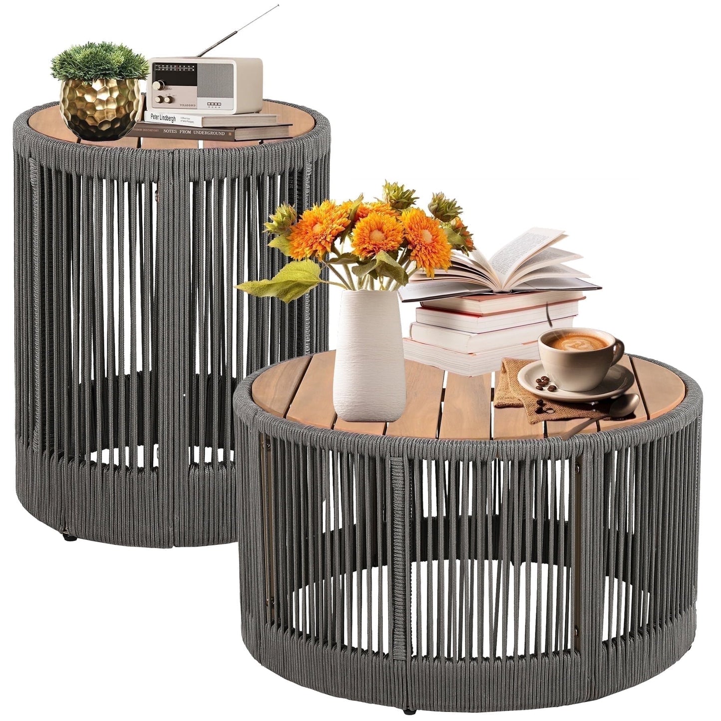 Dranite Rustic Industrial Table Set,Coffee Table & Side Table with Woven Rope Design, Sturdy and Easy Assembly,Wood Look Accent Furniture