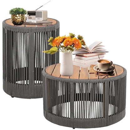 Dranite Rustic Industrial Table Set,Coffee Table & Side Table with Woven Rope Design, Sturdy and Easy Assembly,Wood Look Accent Furniture