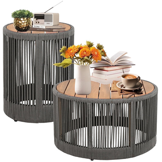 Dranite Rustic Industrial Table Set,Coffee Table & Side Table with Woven Rope Design, Sturdy and Easy Assembly,Wood Look Accent Furniture