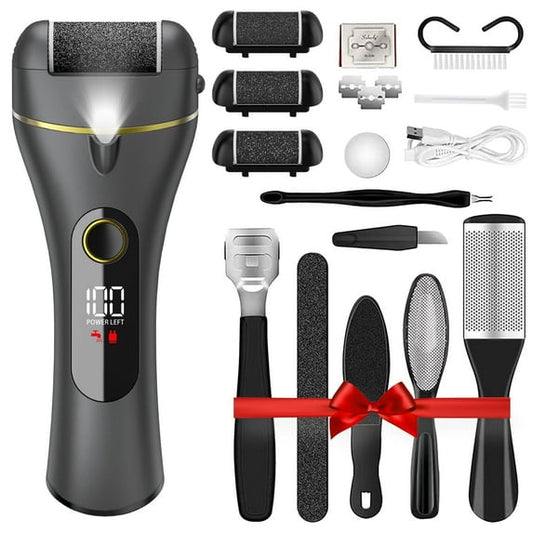 Callus Remover for Feet, Electric Foot File with 3 Rollers, 2 Speeds - Professional Rechargeable Pedicure Kit for Dead, Hard, Cracked, Dry Skin Includes Foot Scrubber (Black)