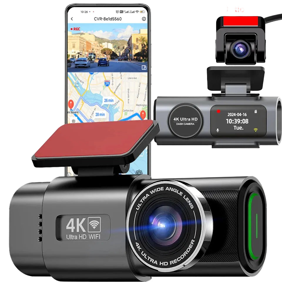 Car dashboard camera with smartphone displaying map and camera on top, featuring GPS and WiFi icons.

