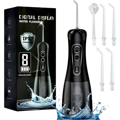 IESWKP Water Flosser Cordless Portable with 8 Pressure Settings and 5 Jet Tips, 400ml Removable Tank Water Pick for Teeth Cleaning, Gums, Braces, Dental Care, Black