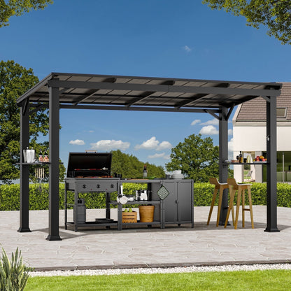 FONA Hardtop Grill Gazebo 6'x12'with Side Shelf, Outdoor Gazebo with Bottle Opener & Hooks, Grill Canopy with Sturdy Rustproof Design for Backyard, Garden, Patio,Black