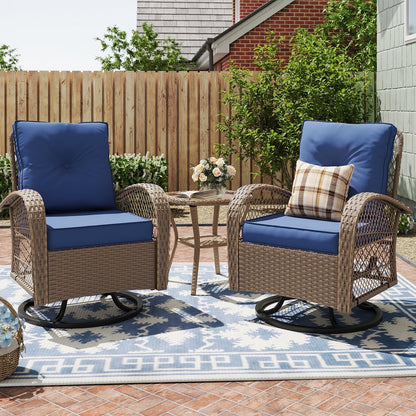 MRUAKA 3 Pieces Patio Furniture Set, Outdoor Swivel Gliders Rocker, Wicker Patio Bistro Set w Rattan Rocking Chair, Glass Top Side Table Thickened Cushions for Porch Deck Backyard (Navy)