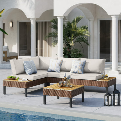 MRUAKA L Shaped Conversation Sectional Sofa Set with Coffee Table, 7 Pieces Patio Furniture Seating Group with Side Table for Backyard Garden, Beige Grey