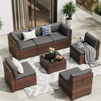 MRUAKA 7 Pieces Patio Furniture Set, Outdoor Furniture Sectional Rattan Sofa with Slanted Back, Patio Couch with Glass Coffee Table for Backyard Garden Dark Grey