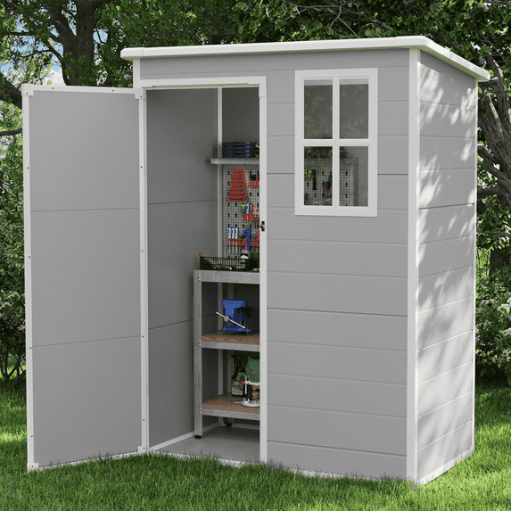 ECOPATIO Outdoor Storage Shed 5x3 FT, Resin Garden Shed for Bike, Tool, Plastic Outside Sheds & Outdoor Storage Storage Box with Lockable Door for Backyard, Patio, Lawn, Sandstone