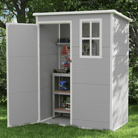 ECOPATIO Outdoor Storage Shed 5x3 FT, Resin Garden Shed for Bike, Tool, Plastic Outside Sheds & Outdoor Storage Storage Box with Lockable Door for Backyard, Patio, Lawn, Sandstone