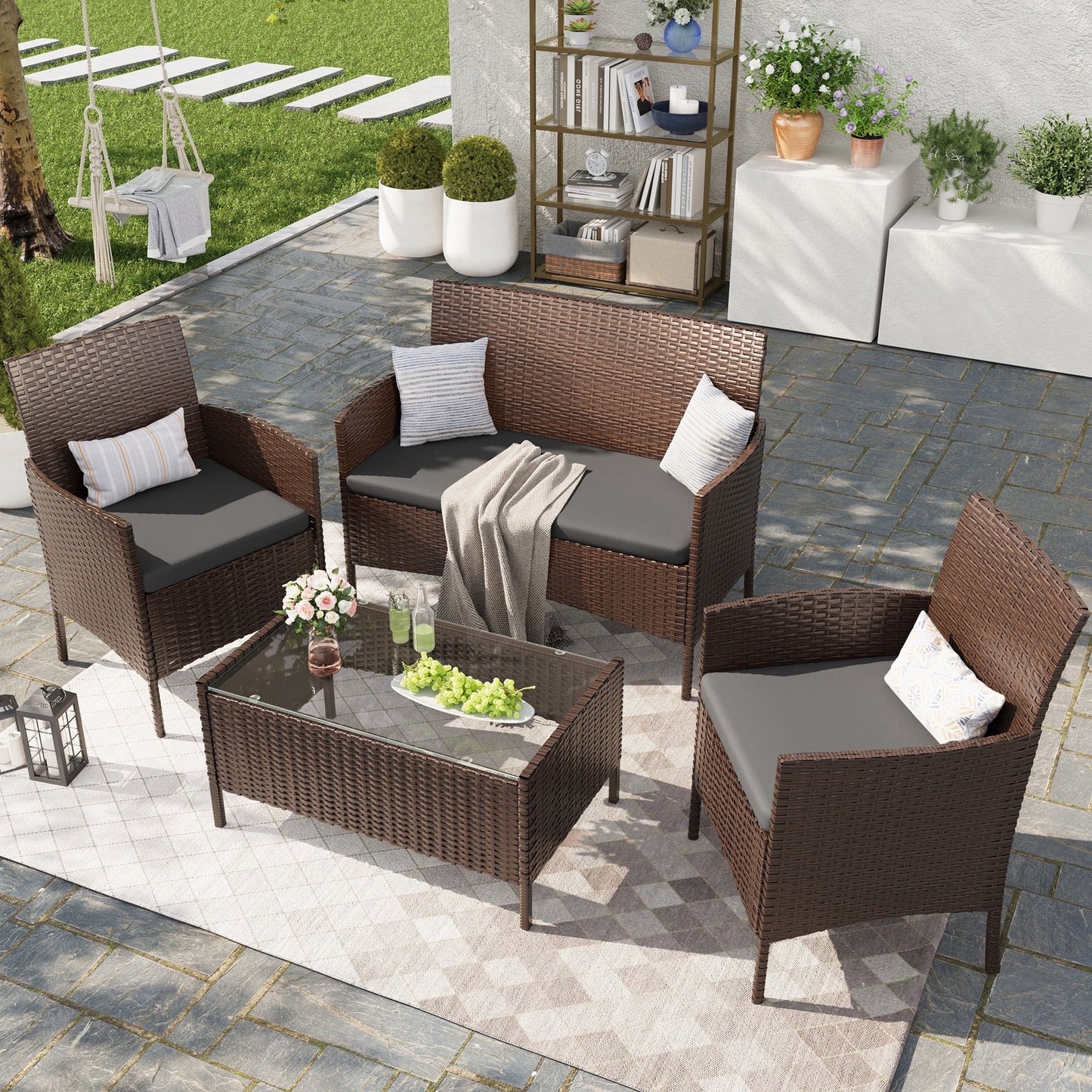 MRUAKA Patio Furniture Set 4 Pieces Porch Furniture Outdoor Modular Wicker Patio Sectional Conversation Furniture Set for Backyard,Porch,Garden,Poolside and Balcony(Grey)