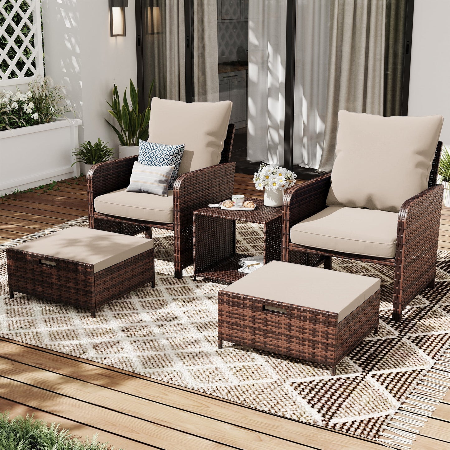 ELPOSUN 5 Piece Patio Furniture Set, Outdoor PE Wicker Chairs for Two with Ottoman Underneath,Beige