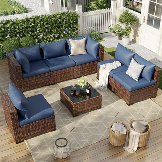ELPOSUN 7 Pieces Patio Furniture Set All Weather Outdoor Sectional Sofa, Outdoor Modern Sectional Furniture Wicker Couch with Glass Coffee Table, Thicken Navy Blue Cushions, Water Resistant