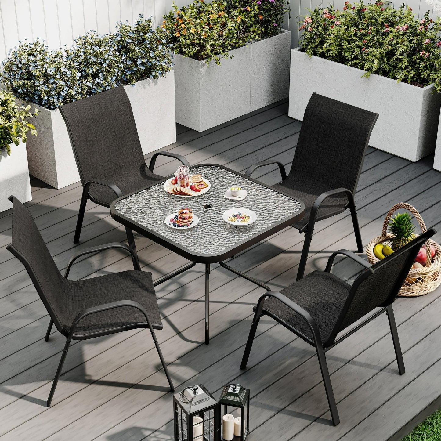 ELPOSUN Outdoor Dining Set of 5, Patio Table and Chairs Set, Textured Glass Tabletop, 4 Stackable Patio Chairs, Patio Furniture, Balcony, Porch, Lawn- Black
