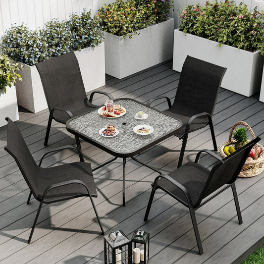 ELPOSUN Outdoor Dining Set of 5, Patio Table and Chairs Set, Textured Glass Tabletop, 4 Stackable Patio Chairs, Patio Furniture, Balcony, Porch, Lawn- Black