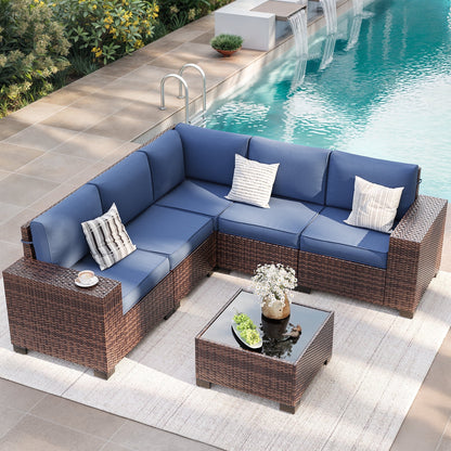 ELPOSUN Outdoor Sectional Furniture Set 6-Piece Brown Rattan Wicker Conversation Sofa Set with Glass Top Table and Waterproof Covers,Blue Cushions