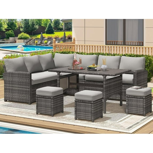 ELPOSUN 7 Piece Patio Conversation Set, Outdoor Sectional Sofa Rattan Wicker Dining Furniture, Gray