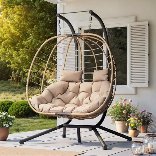 ELPOSUN Double Wicker Swing Egg Chair 2 Person Foldable Hanging Egg Chair with Stand, Porch Swing Loveseat for Patio, Balcony, Porch, Indoor，Outdoor, Beige