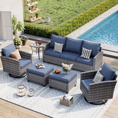 ELPOSUN Patio Furniture Set, 6 Pieces Outdoor Patio Set, All-Weather Wicker Rattan Outdoor Furniture Set with Swivel Chairs for Poolside, Backyard, Gray Wicker Navy Blue Cushions