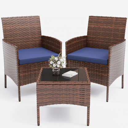 ELPOSUN 3 Piece Outdoor Patio Furniture Set Bistro Set with Coffee Table, Wicker Rattan Conversation Sets for Backyard, Porch, Poolside (Blue)