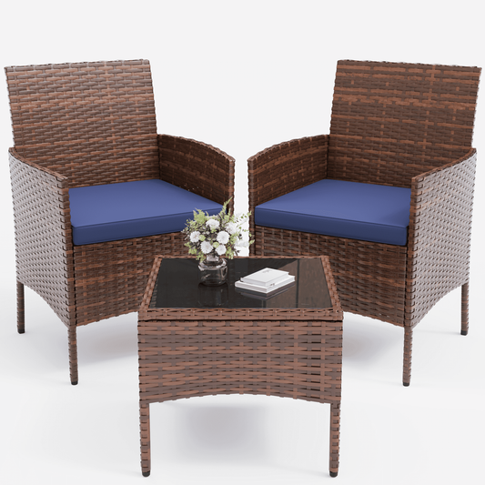 ELPOSUN 3 Piece Outdoor Patio Furniture Set Bistro Set with Coffee Table, Wicker Rattan Conversation Sets for Backyard, Porch, Poolside (Blue)