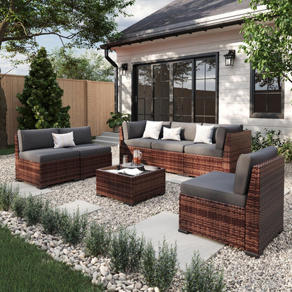 ELPOSUN 7 Pieces Patio Furniture Set, Outdoor Furniture Sectional Rattan Sofa for Backyard Garden Dark Grey