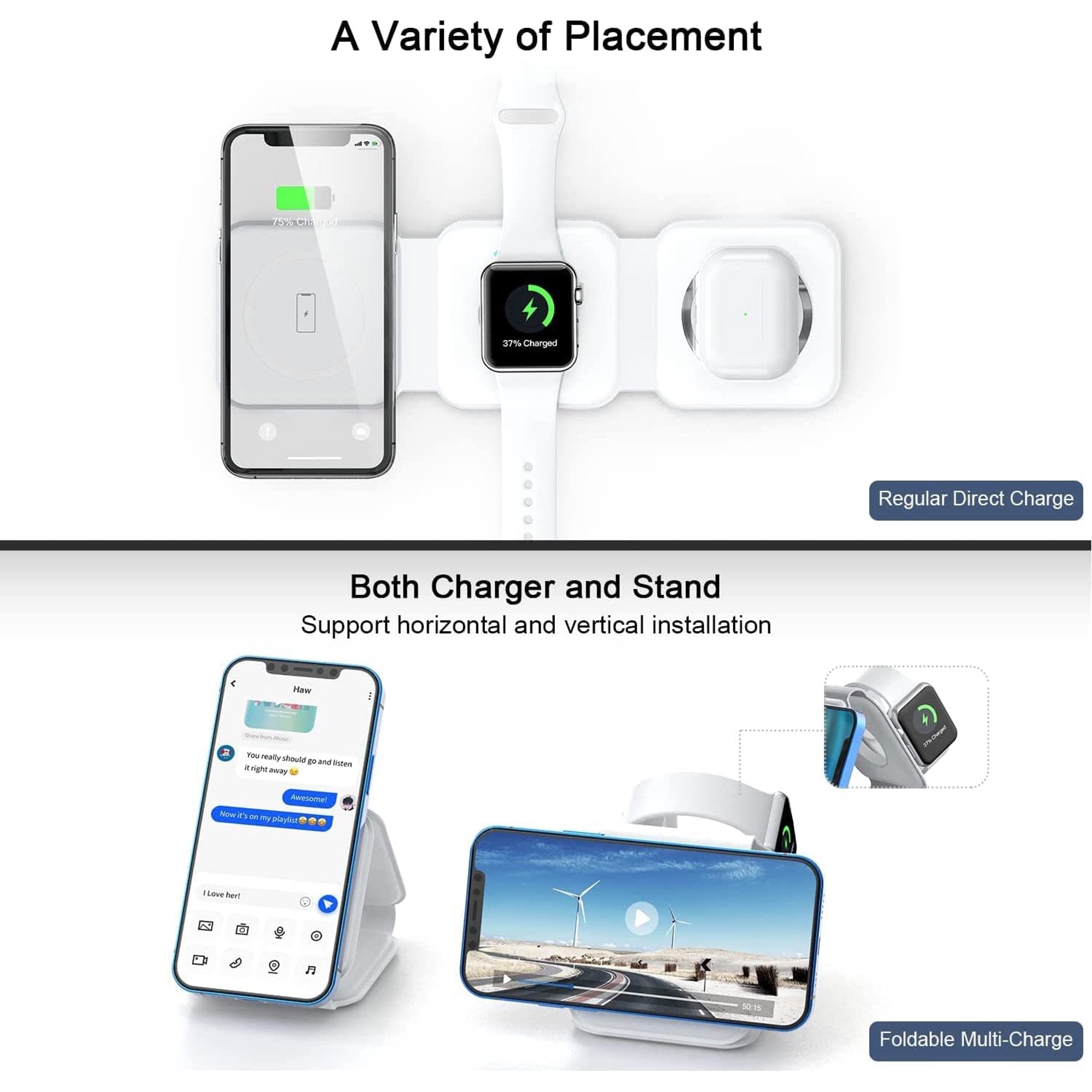 EvoFine 3 in 1 Wireless Charger for iPhone,Magnetic Foldable 3 in 1 Charging Station,Travel Charger for Multple Devices for iPhone 14/13/12 Series,AirPods 3/2/Pro,iWatch
