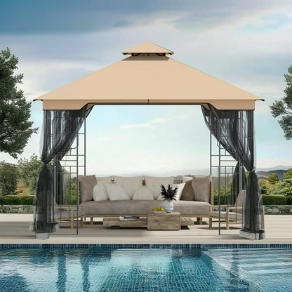 FONA 11'x11' Patio Gazebo with Netting&Double Roof,Ceiling Hooks,Pop-Up Canopy Tent for Lawn&Patio