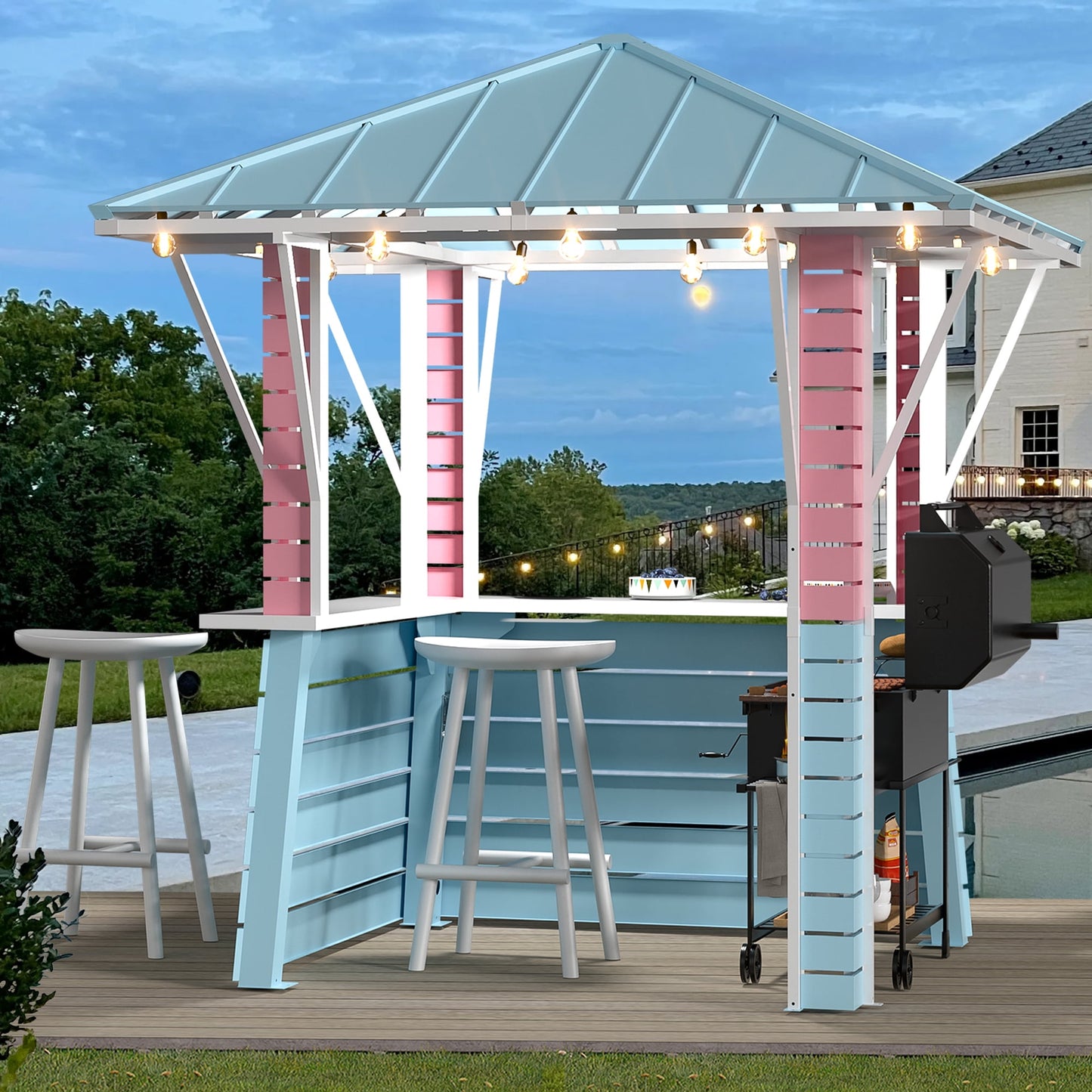 FONA 8'x8' Coastal Dream Outdoor Bar & Grill Gazebo with USB,Hooks,Open Sides for Backyard & Pool