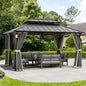 FONA 10'x14' Wood-Look Hardtop Gazebo with LED Lights,Double Roof,Netting & Hooks,Black