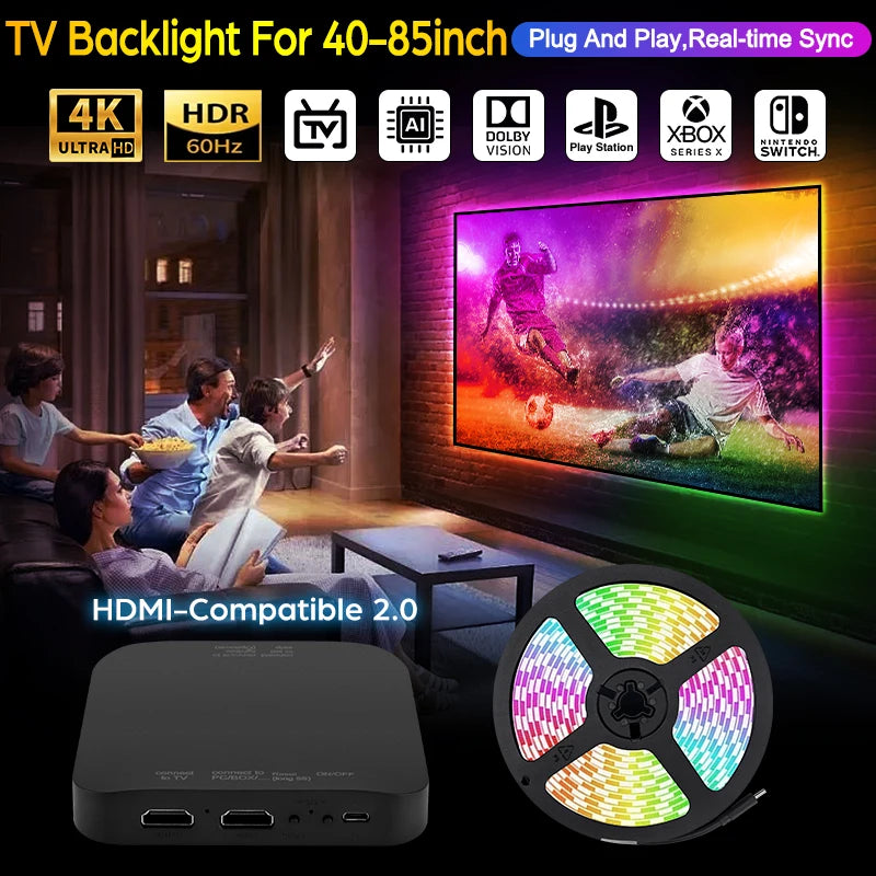 Family watching sports on a large TV with LED strip lights and electronic devices.