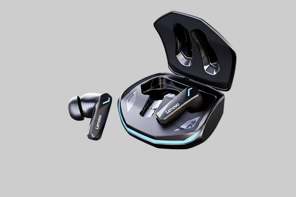 GM2 Pro gaming headset with charging case on a reflective surface